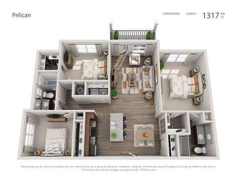 Floor plan for 3 beds, 2 baths, 1317 sqft